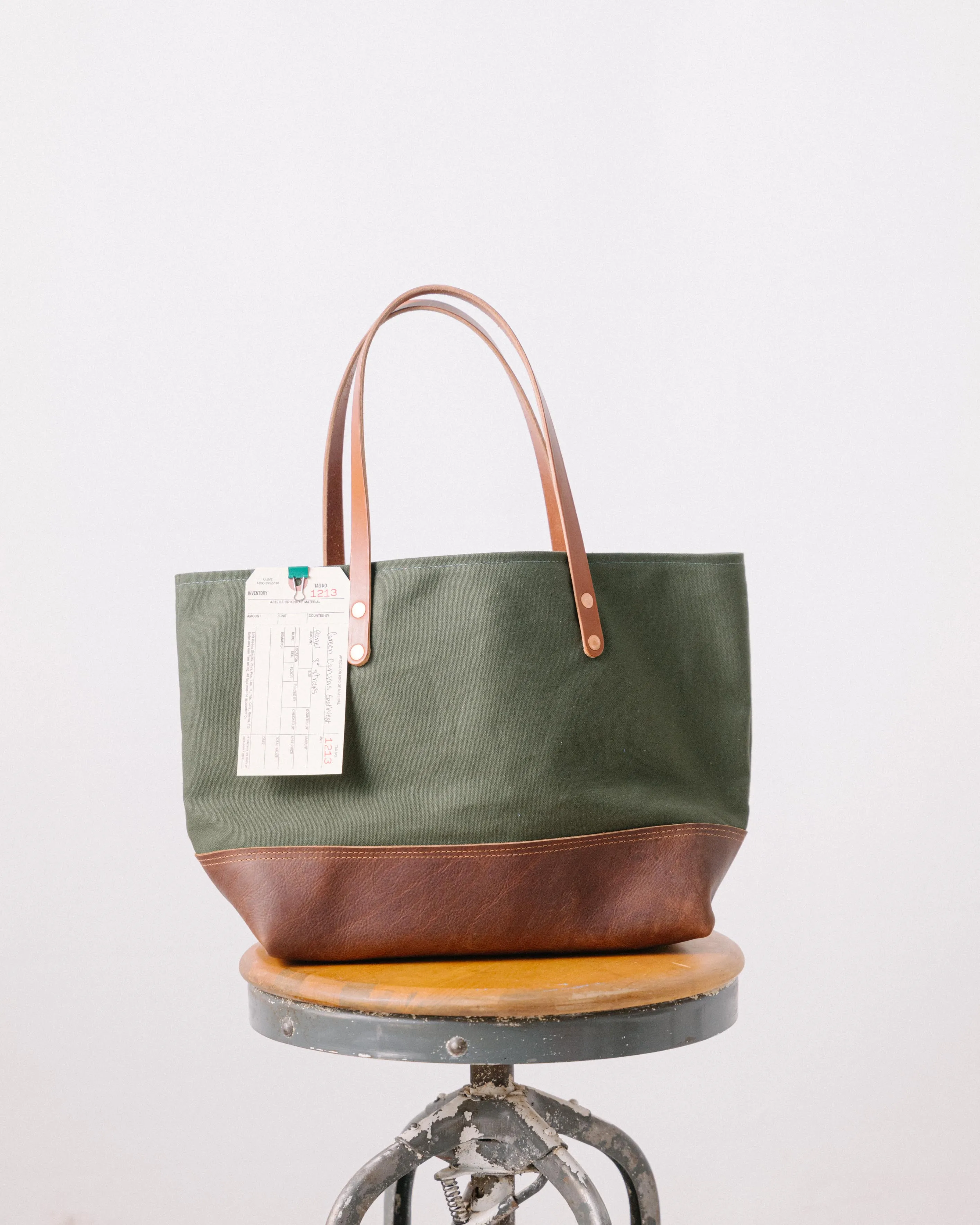 1213 Green Canvas East West Panel Tote - 7” Handles
