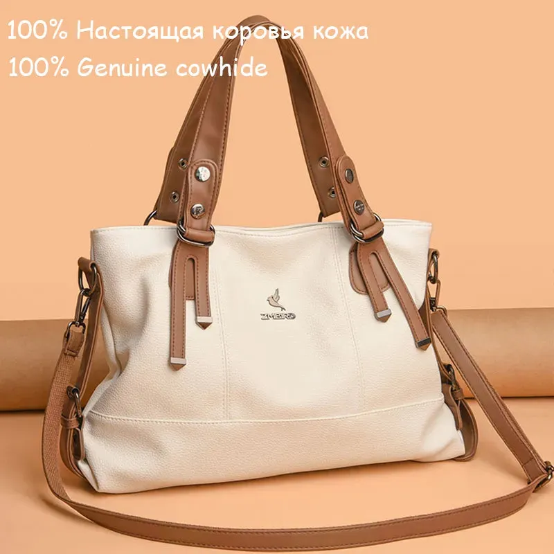 3 Layers Large Capacity Women Handbag Vintage Women Tote Bag Genuine Leather Luxury Handbags
