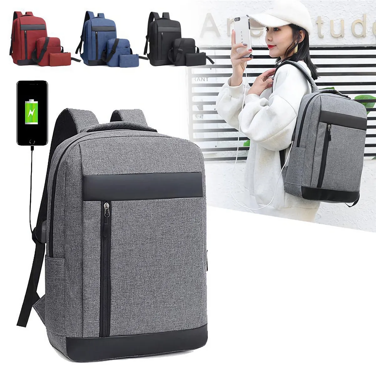 3Pcs Men Backpack Set USB Charging Laptop Bag Multifunctional Casual Travel Backpack Men Women School Bag Backpacks
