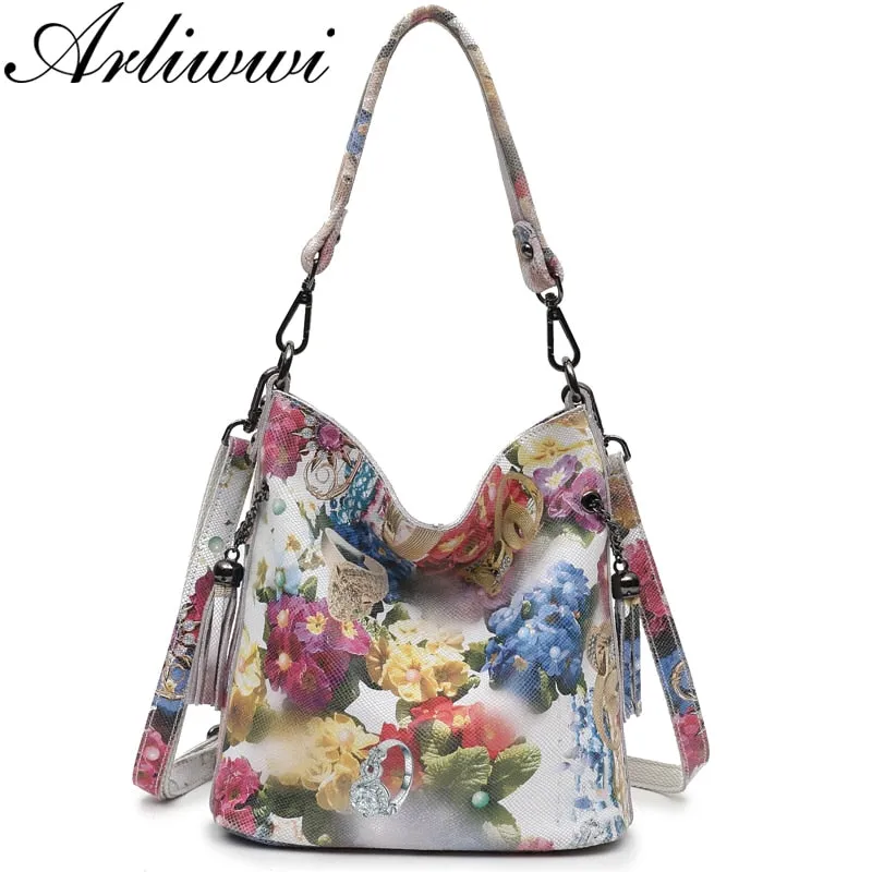 Arliwwi Brand High Class Shiny Floral REAL LEATHER Women Handbags Bags Fashion New Genuine Cow Leather Blossom Designer Bag GY01