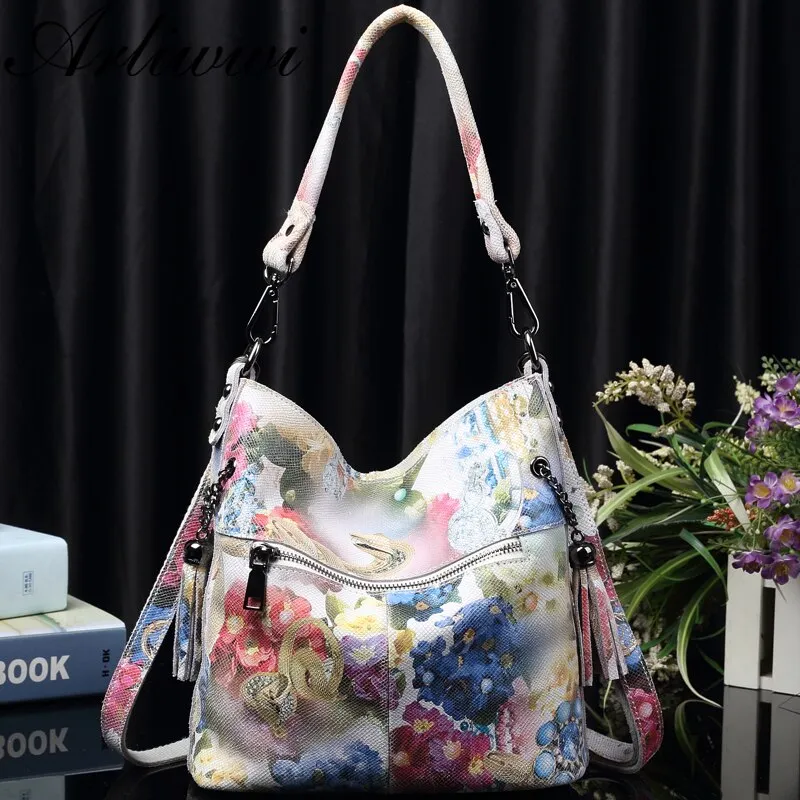 Arliwwi Brand High Class Shiny Floral REAL LEATHER Women Handbags Bags Fashion New Genuine Cow Leather Blossom Designer Bag GY01