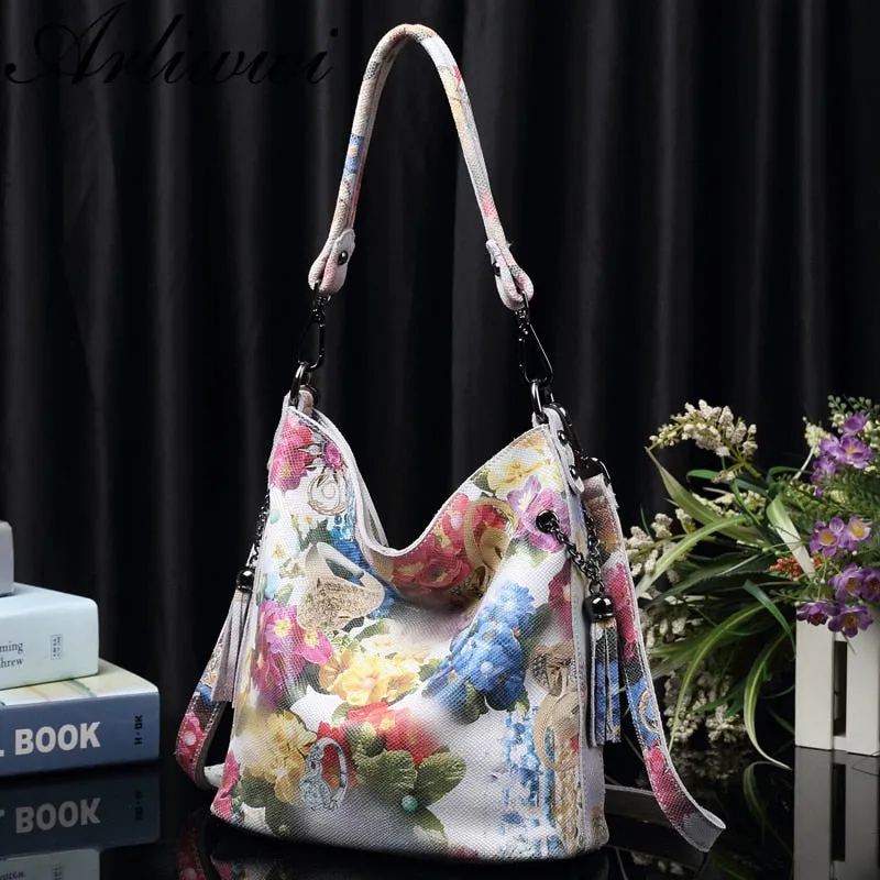 Arliwwi Brand High Class Shiny Floral REAL LEATHER Women Handbags Bags Fashion New Genuine Cow Leather Blossom Designer Bag GY01