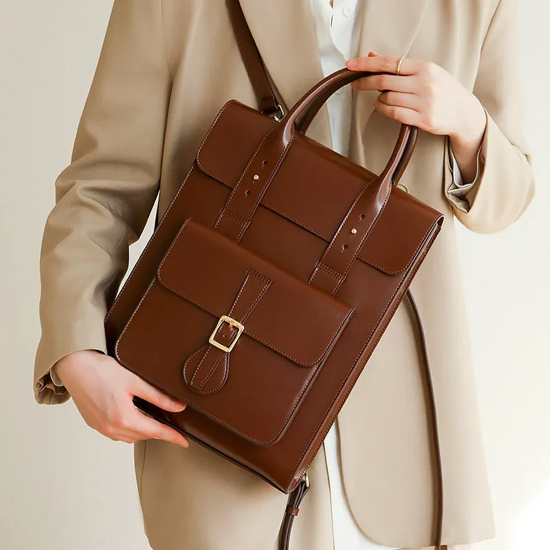 Black Large Laptop Briefcase Leather Backpack