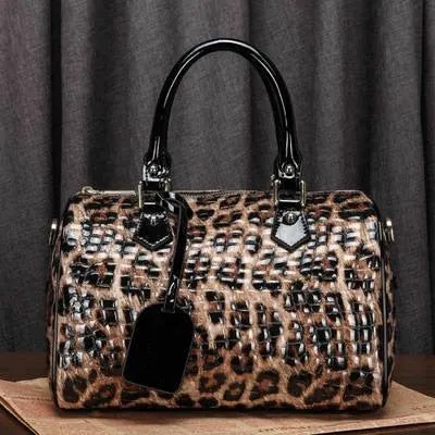 Boston Bag Genuine Leather Women Bag\Handbag Leopard Pattern Ladies' Tote Pillow Bag Cowhide Big Shoulder Bags Crossbody Bag~B55