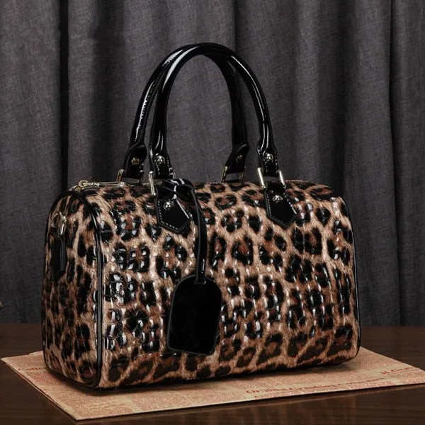 Boston Bag Genuine Leather Women Bag\Handbag Leopard Pattern Ladies' Tote Pillow Bag Cowhide Big Shoulder Bags Crossbody Bag~B55