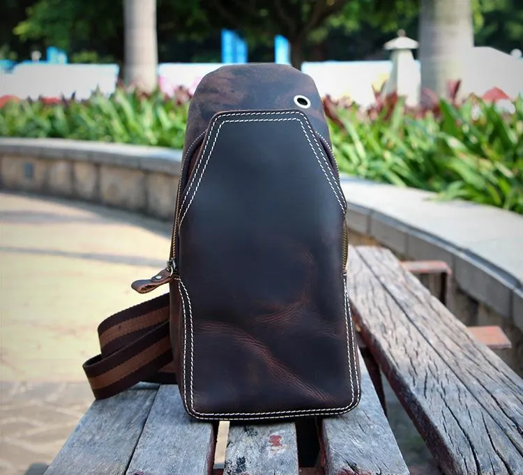 Casual Dark Brown Leather Mens Sling Pack Sling Bags Chest Bags One Shoulder Backpack for Men