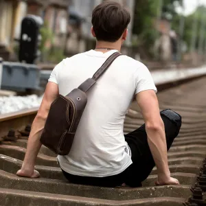 Casual Dark Brown Leather Mens Sling Pack Sling Bags Chest Bags One Shoulder Backpack for Men
