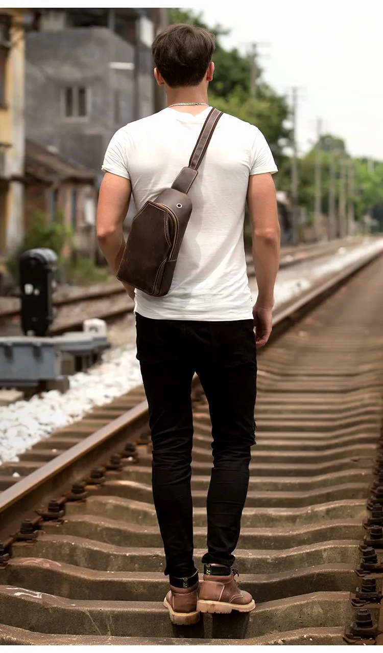Casual Dark Brown Leather Mens Sling Pack Sling Bags Chest Bags One Shoulder Backpack for Men
