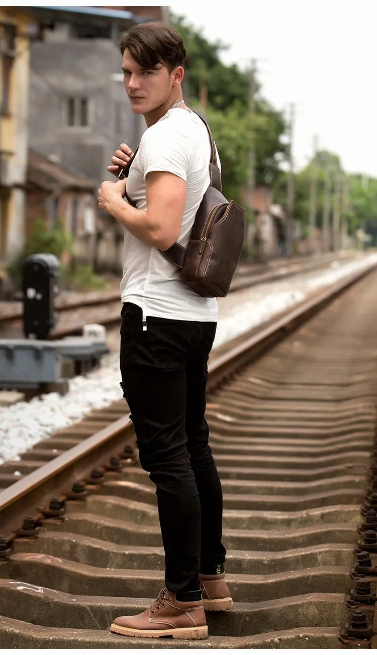 Casual Dark Brown Leather Mens Sling Pack Sling Bags Chest Bags One Shoulder Backpack for Men