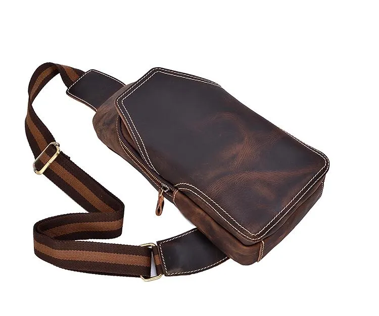 Casual Dark Brown Leather Mens Sling Pack Sling Bags Chest Bags One Shoulder Backpack for Men