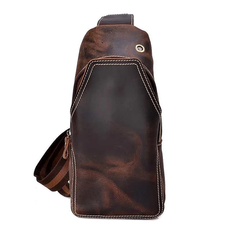 Casual Dark Brown Leather Mens Sling Pack Sling Bags Chest Bags One Shoulder Backpack for Men