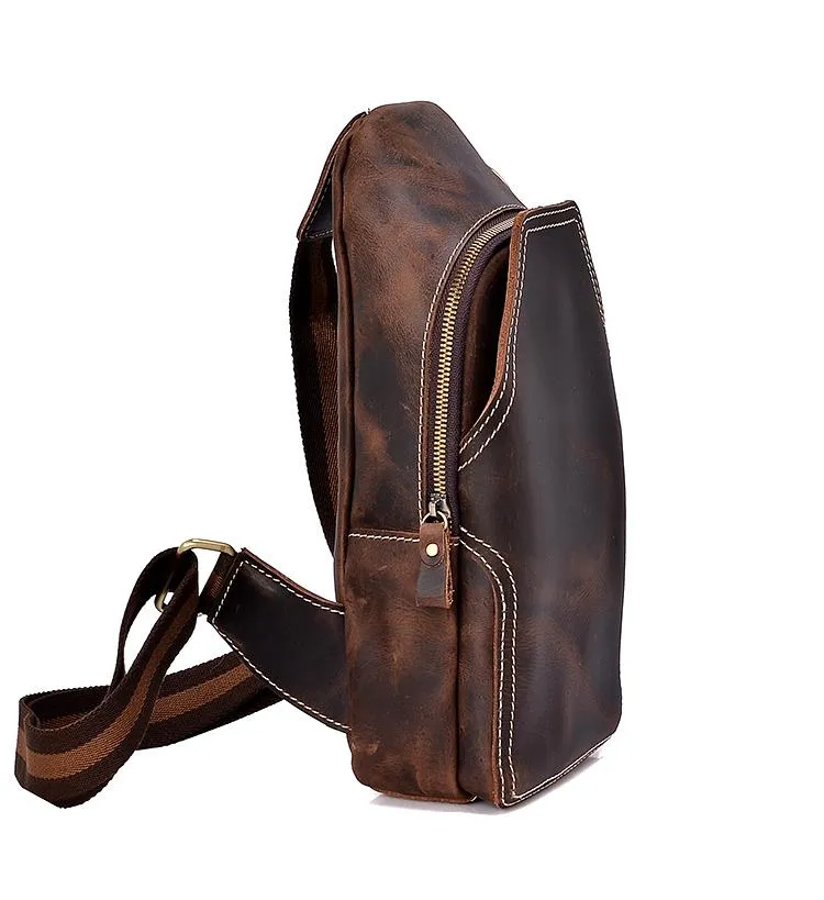 Casual Dark Brown Leather Mens Sling Pack Sling Bags Chest Bags One Shoulder Backpack for Men
