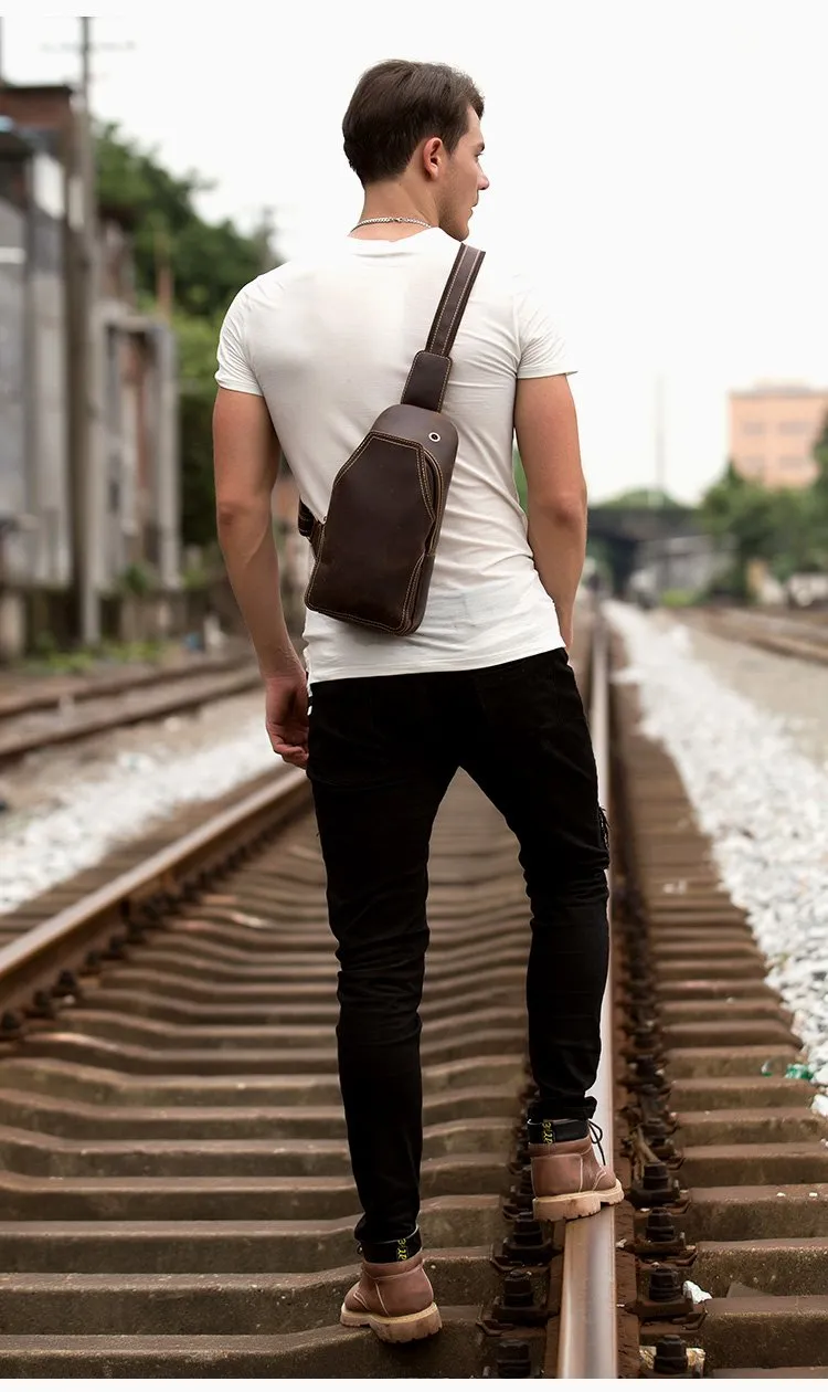 Casual Dark Brown Leather Mens Sling Pack Sling Bags Chest Bags One Shoulder Backpack for Men