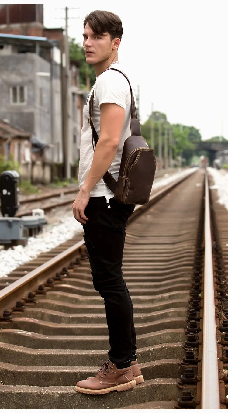 Casual Dark Brown Leather Mens Sling Pack Sling Bags Chest Bags One Shoulder Backpack for Men