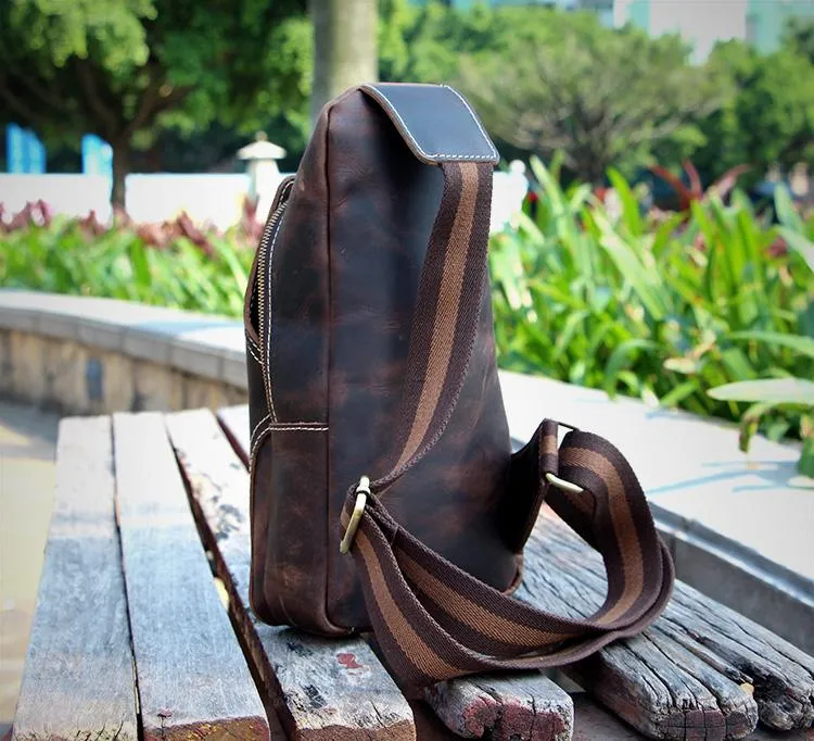 Casual Dark Brown Leather Mens Sling Pack Sling Bags Chest Bags One Shoulder Backpack for Men