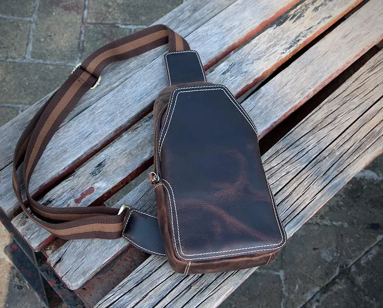 Casual Dark Brown Leather Mens Sling Pack Sling Bags Chest Bags One Shoulder Backpack for Men