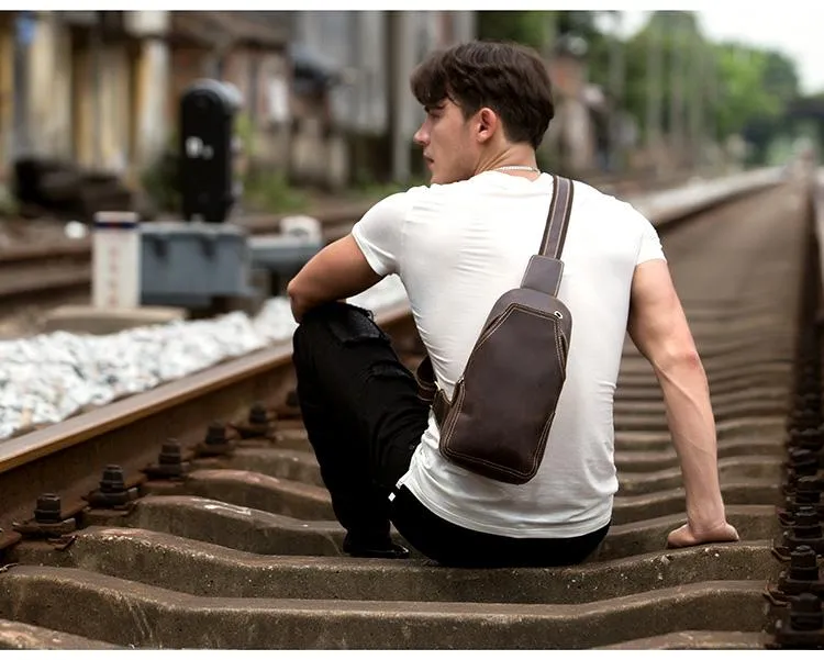 Casual Dark Brown Leather Mens Sling Pack Sling Bags Chest Bags One Shoulder Backpack for Men