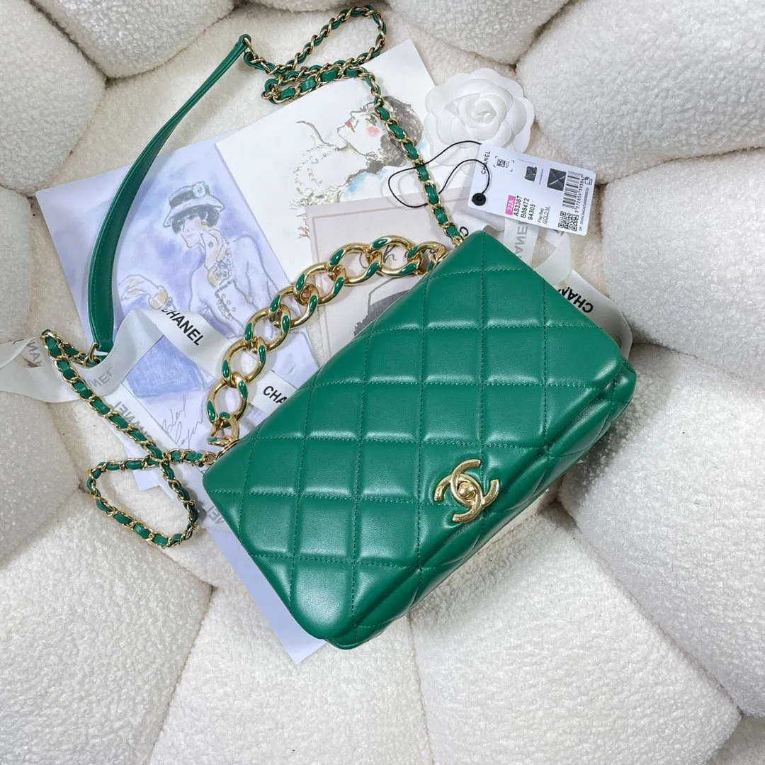 CHLLarge Flap Bag Gold Hardware Green For Women, Women&#8217;s Handbags, Shoulder Bags 9.1in/23cm AS3367