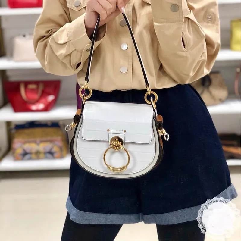 Christmas Gift Female bag 2021 new embroidery crossbody portable round bag wide shoulder strap ring saddle bag leather single shoulder piggy ba