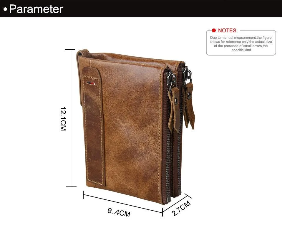 Crazy Horse Genuine Leather Double Zipper Wallet - 5 Colors
