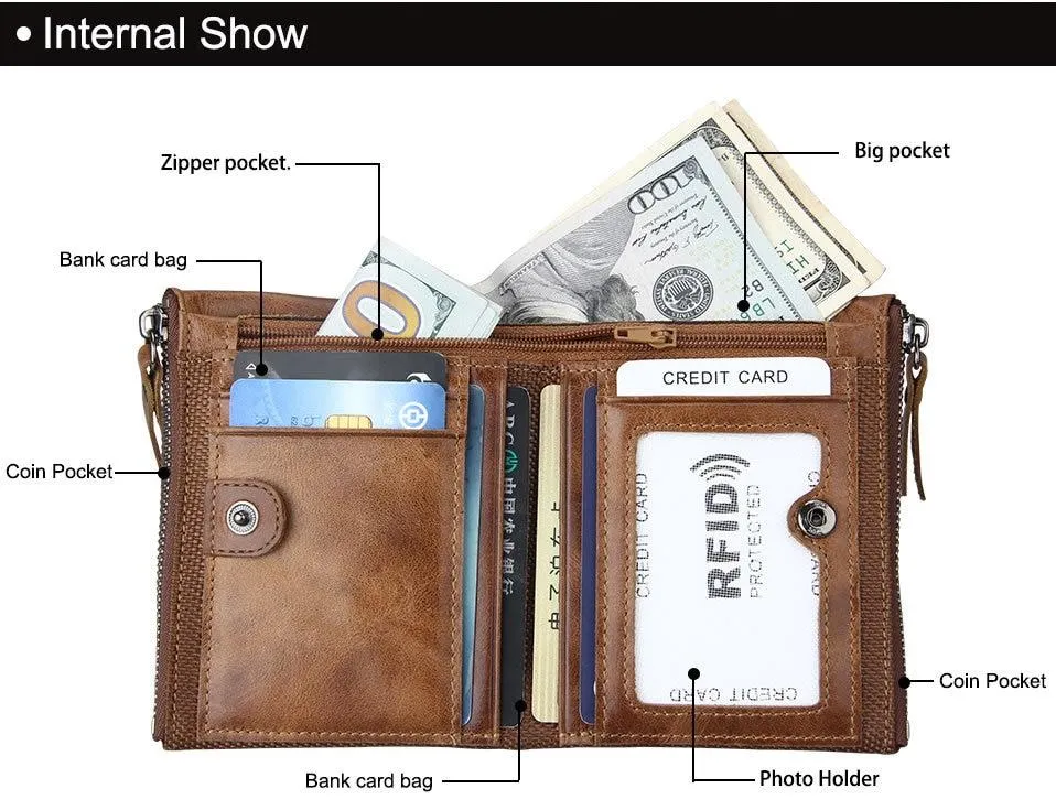 Crazy Horse Genuine Leather Double Zipper Wallet - 5 Colors