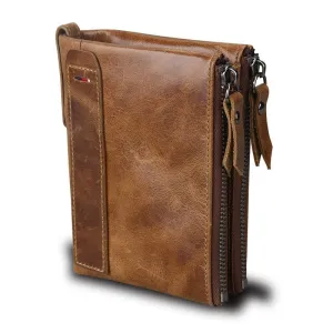 Crazy Horse Genuine Leather Double Zipper Wallet - 5 Colors