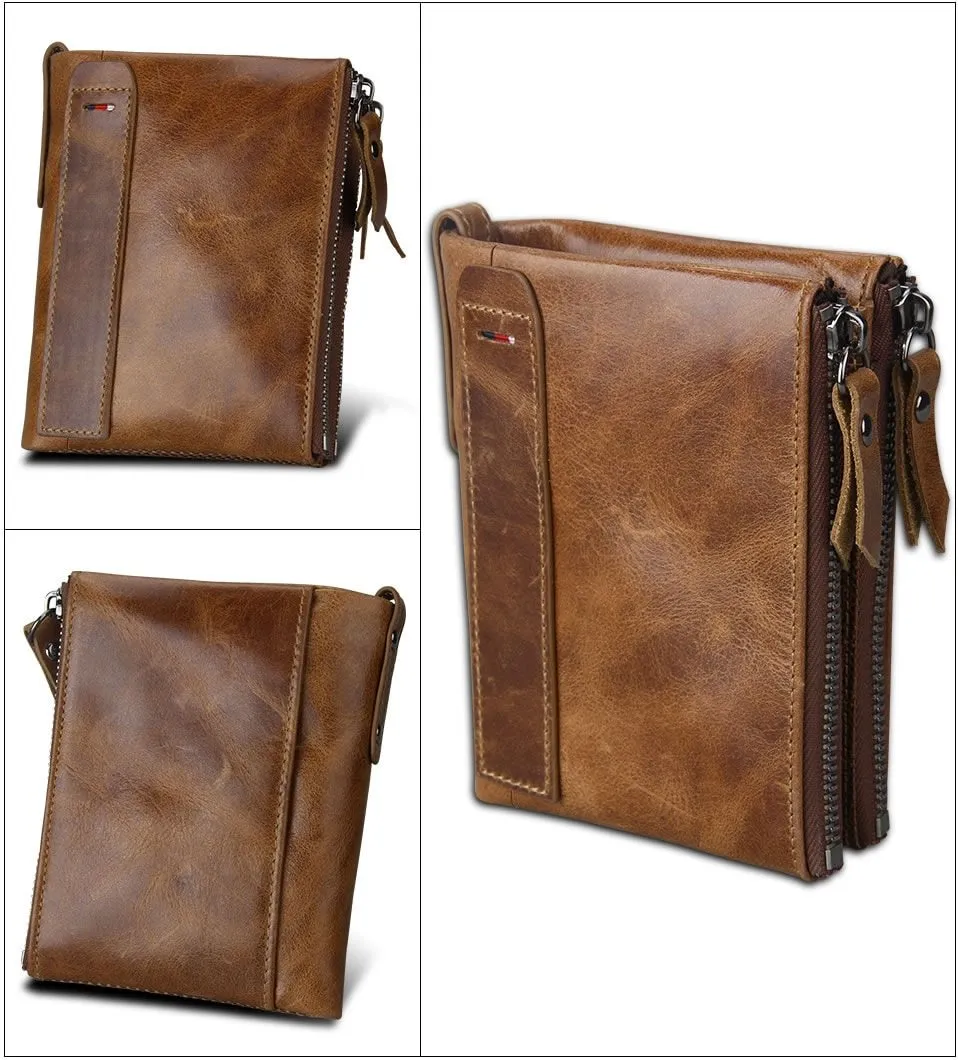 Crazy Horse Genuine Leather Double Zipper Wallet - 5 Colors