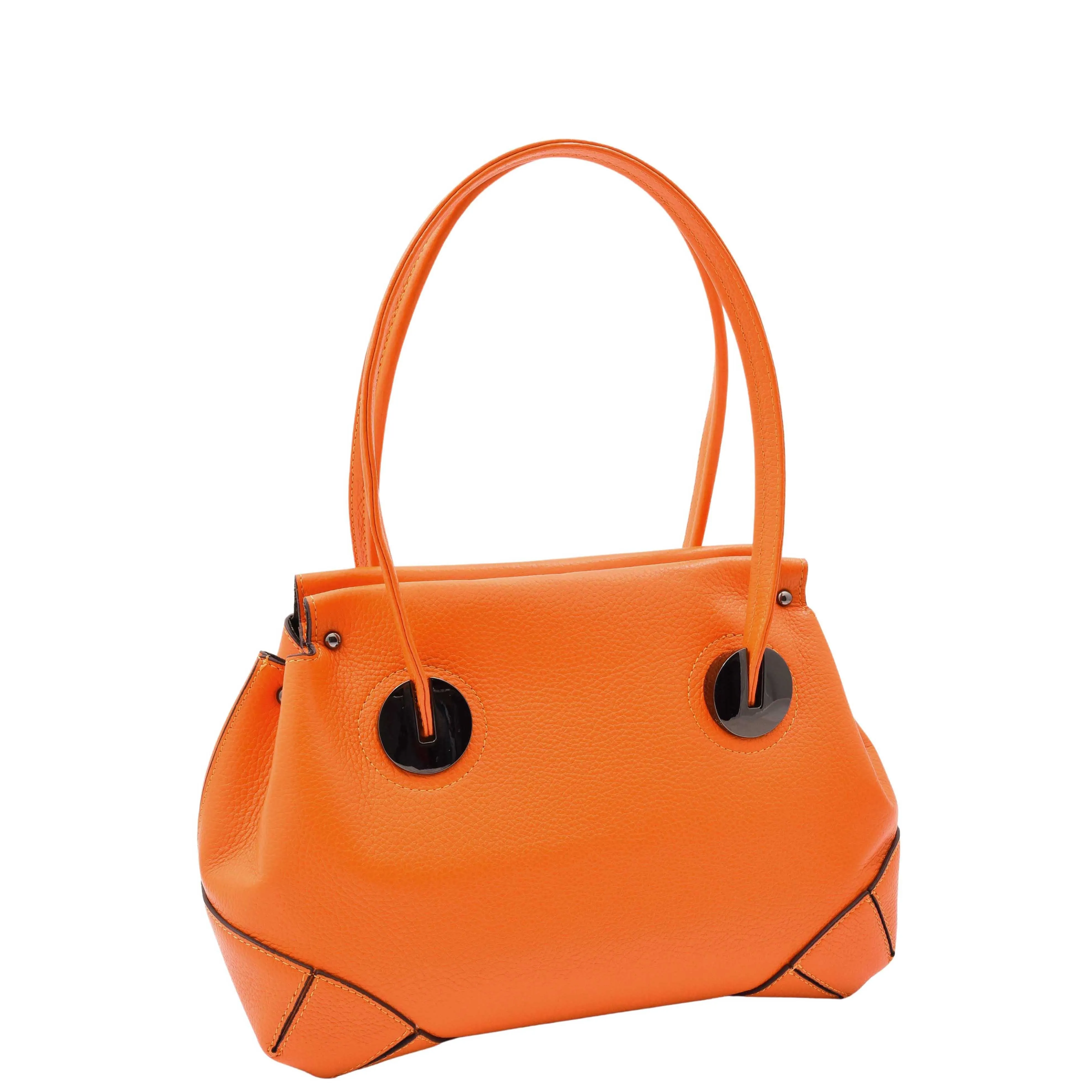 DR584 Women's Medium Tote Zip Shoulder Bag Leather Handbag Orange