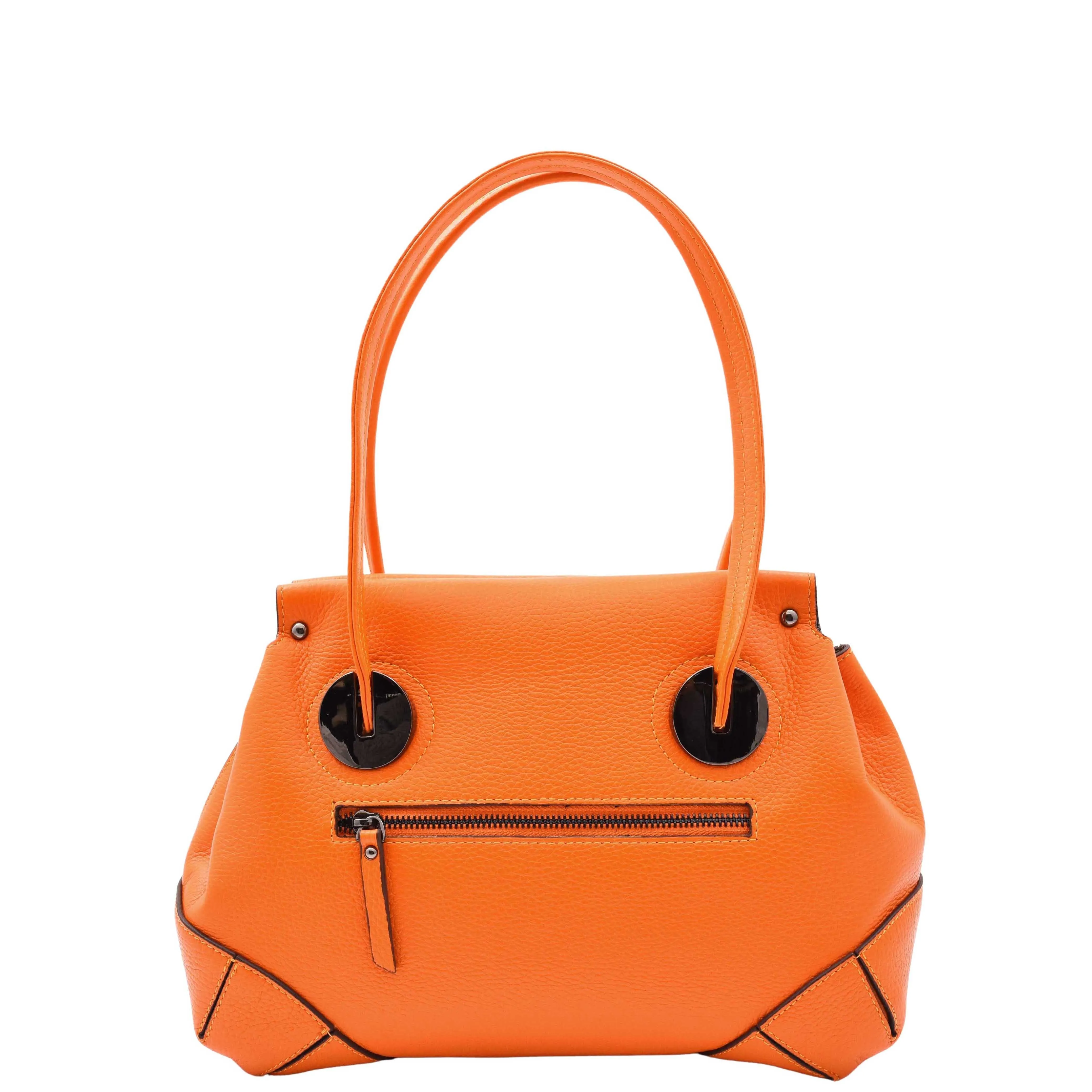 DR584 Women's Medium Tote Zip Shoulder Bag Leather Handbag Orange