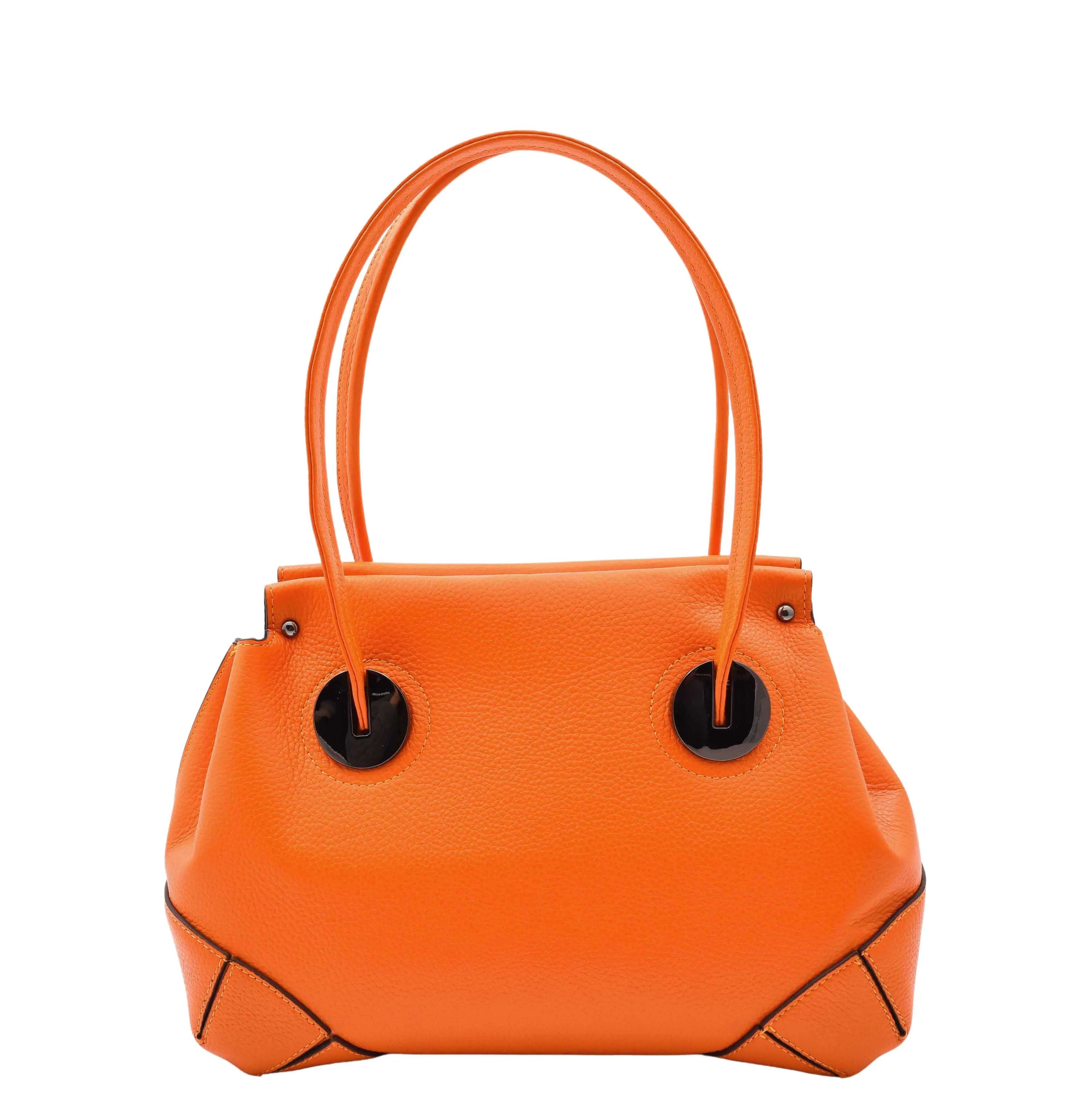 DR584 Women's Medium Tote Zip Shoulder Bag Leather Handbag Orange