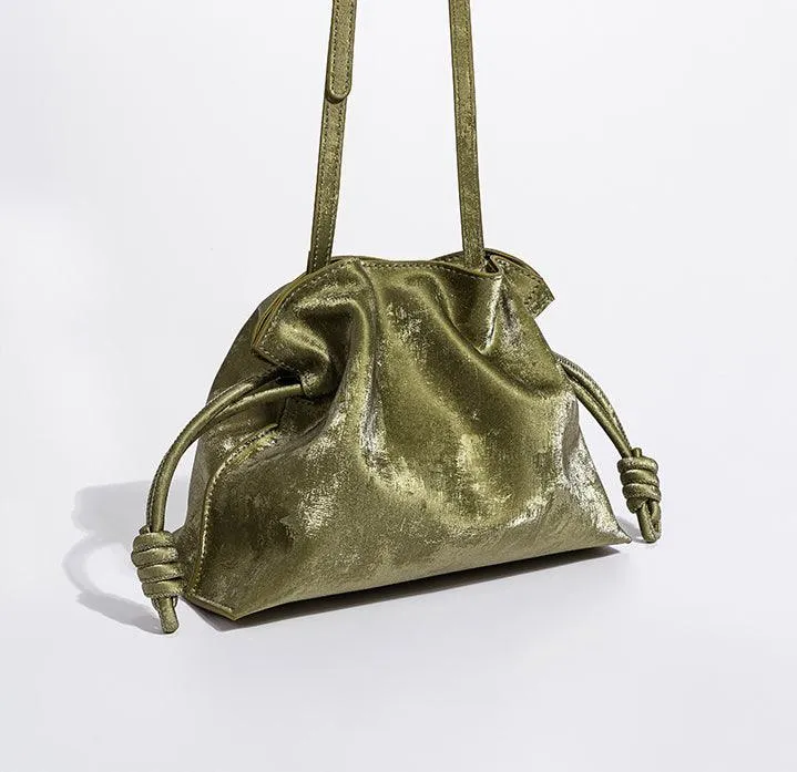 Elegant Small Cowhide Leather Shoulder Bag Crossbody Bag for Women with Drawstring Closure
