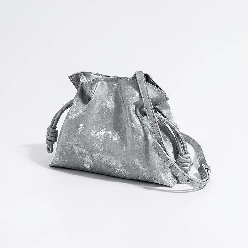 Elegant Small Cowhide Leather Shoulder Bag Crossbody Bag for Women with Drawstring Closure