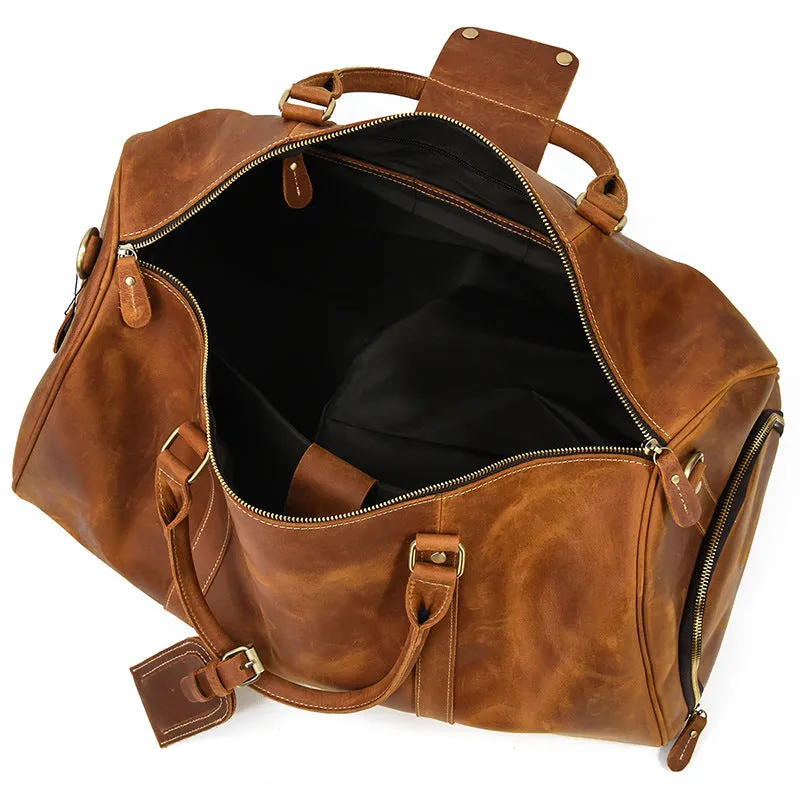 Full Grain Leather Duffle Bag With Shoe Compartment Mens Travel Bag