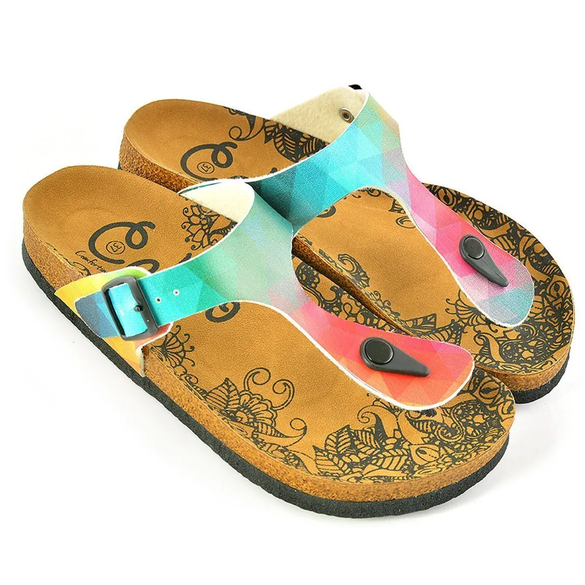 Green & Red Abstract T-Strap Sandal CAL522