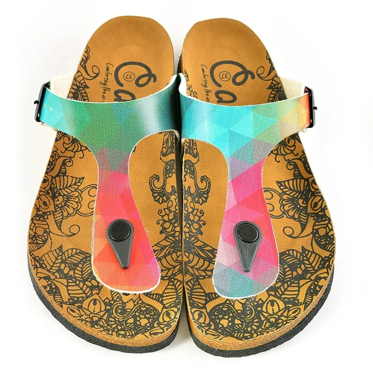 Green & Red Abstract T-Strap Sandal CAL522