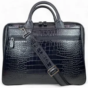 LeatherLuxe - Black Crocodile Style Leather Unisex Bag: Laptop Bag