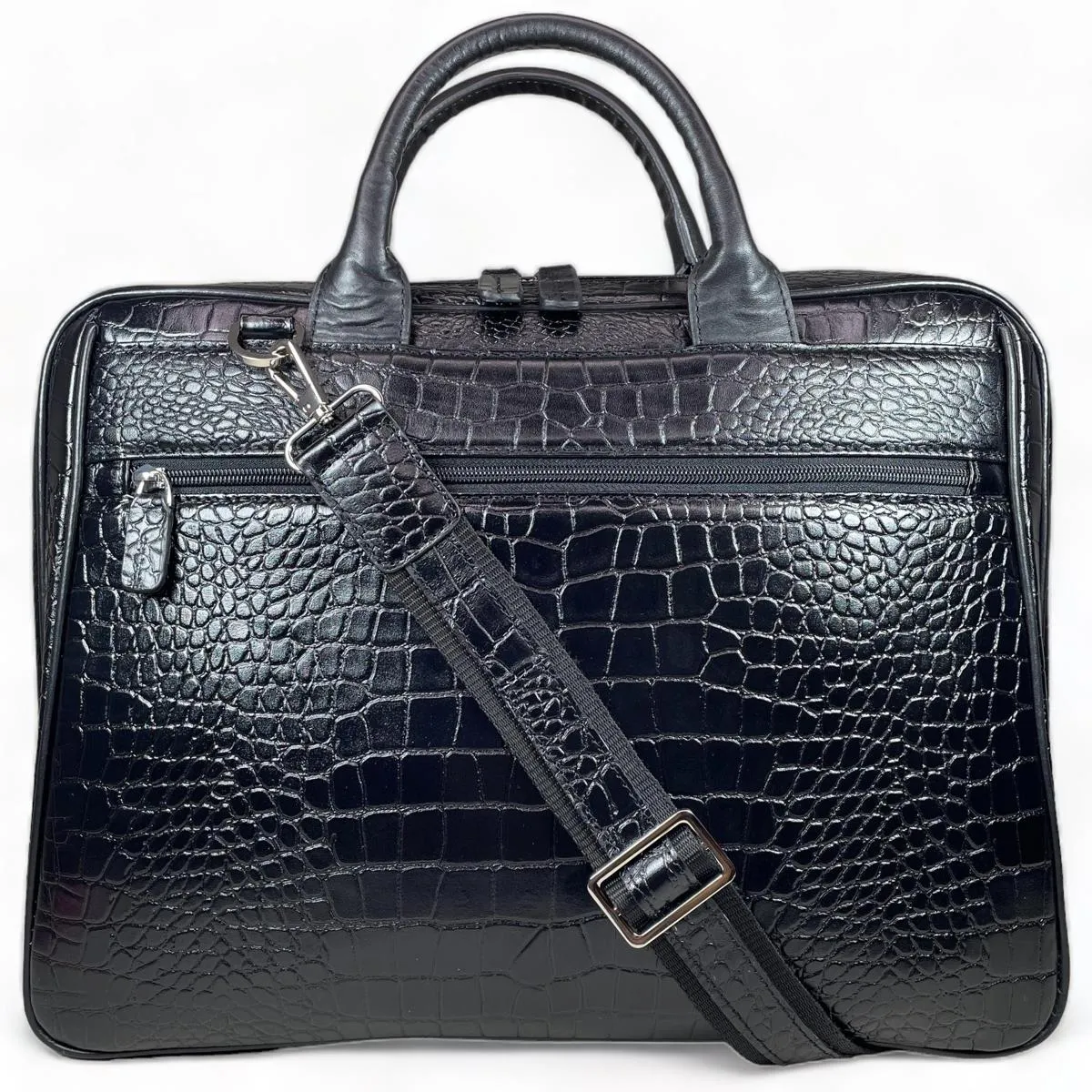 LeatherLuxe - Black Crocodile Style Leather Unisex Bag: Laptop Bag