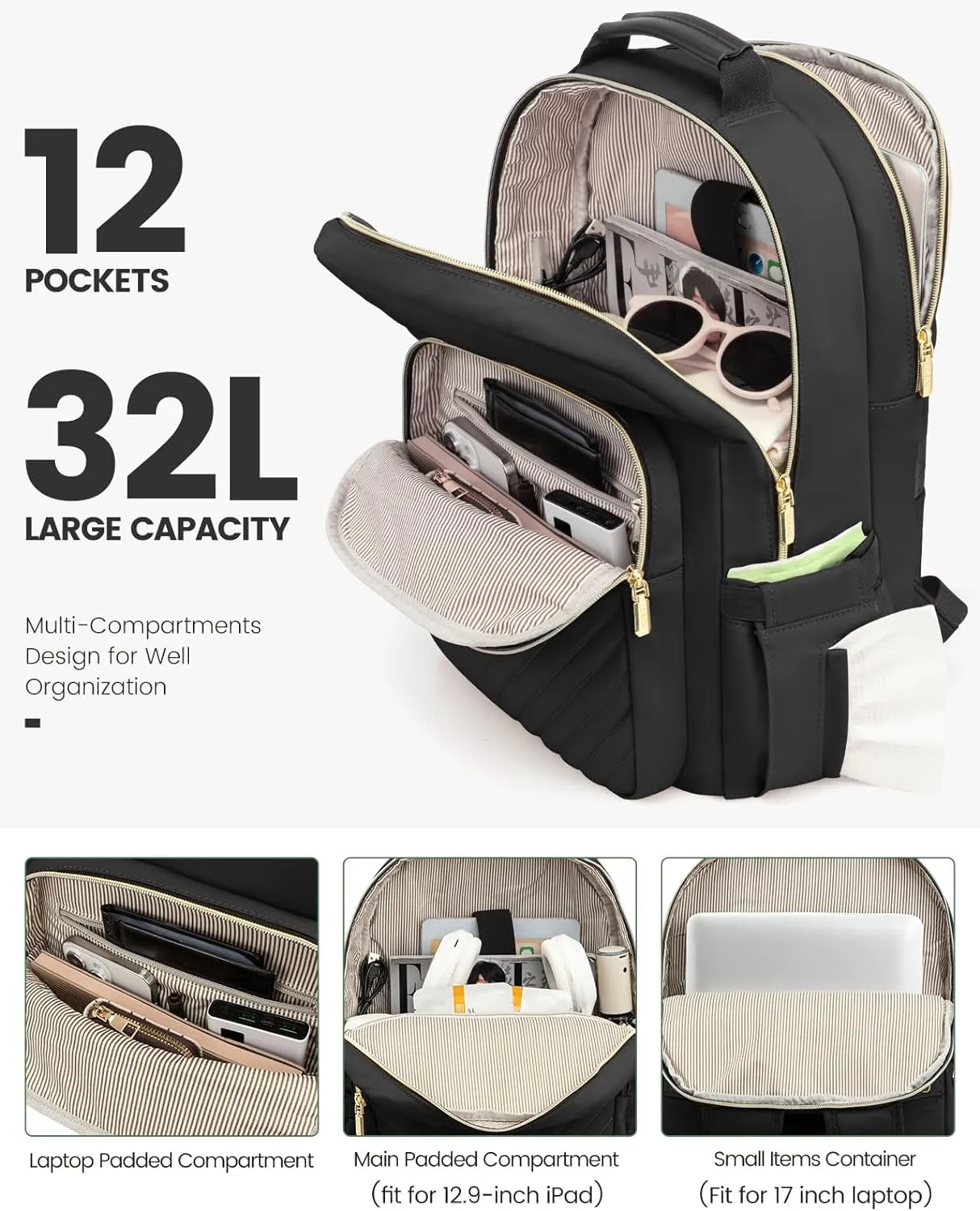LOVEVOOK Laptop Backpack for Women, Travel Computer Work Bags with 17-Inch Laptop Compartment, College School Student Bag Teen Backpacks for Girls, Hiking Outdoor Carry on Backpack Purse, Black