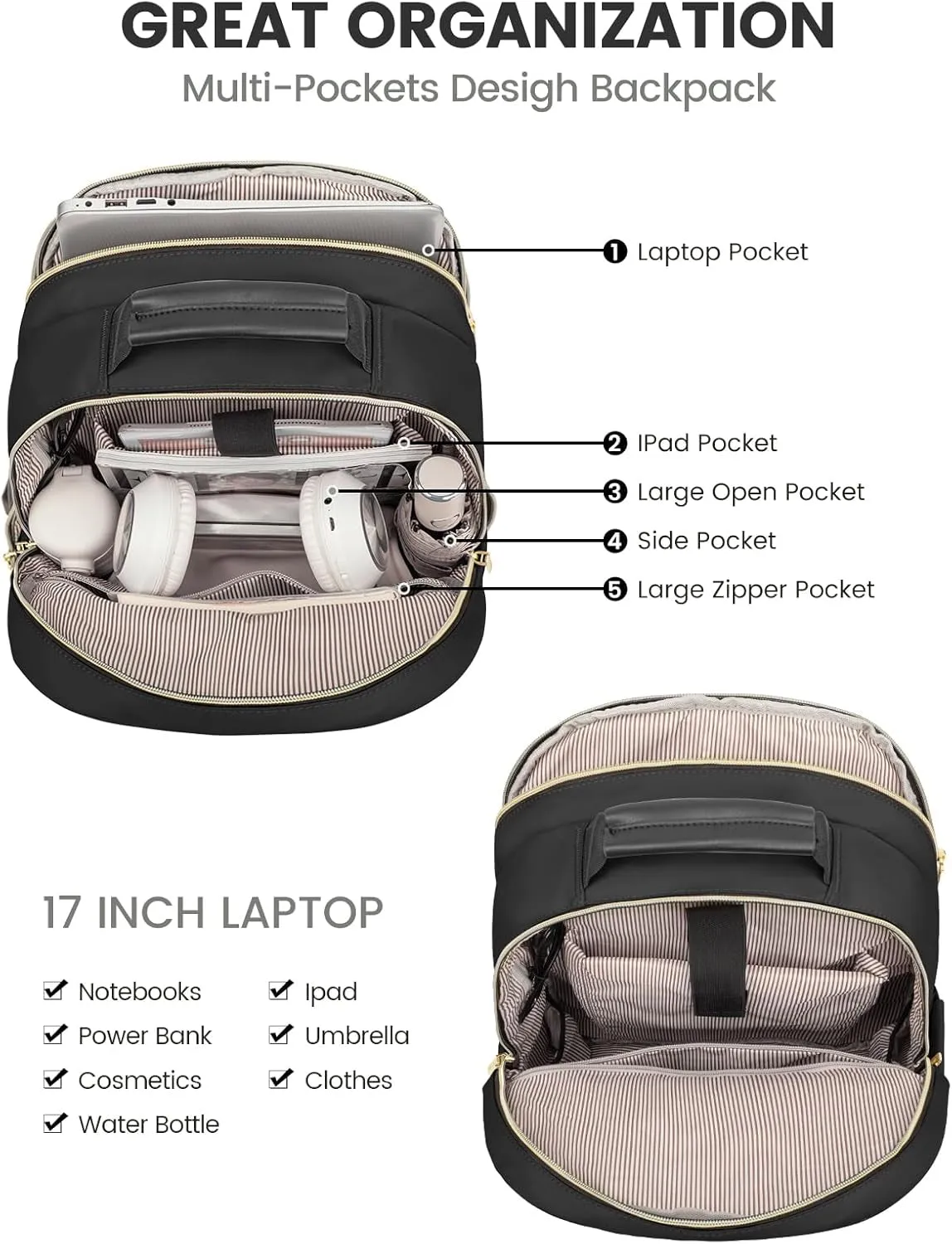 LOVEVOOK Laptop Backpack for Women, Travel Computer Work Bags with 17-Inch Laptop Compartment, College School Student Bag Teen Backpacks for Girls, Hiking Outdoor Carry on Backpack Purse, Black