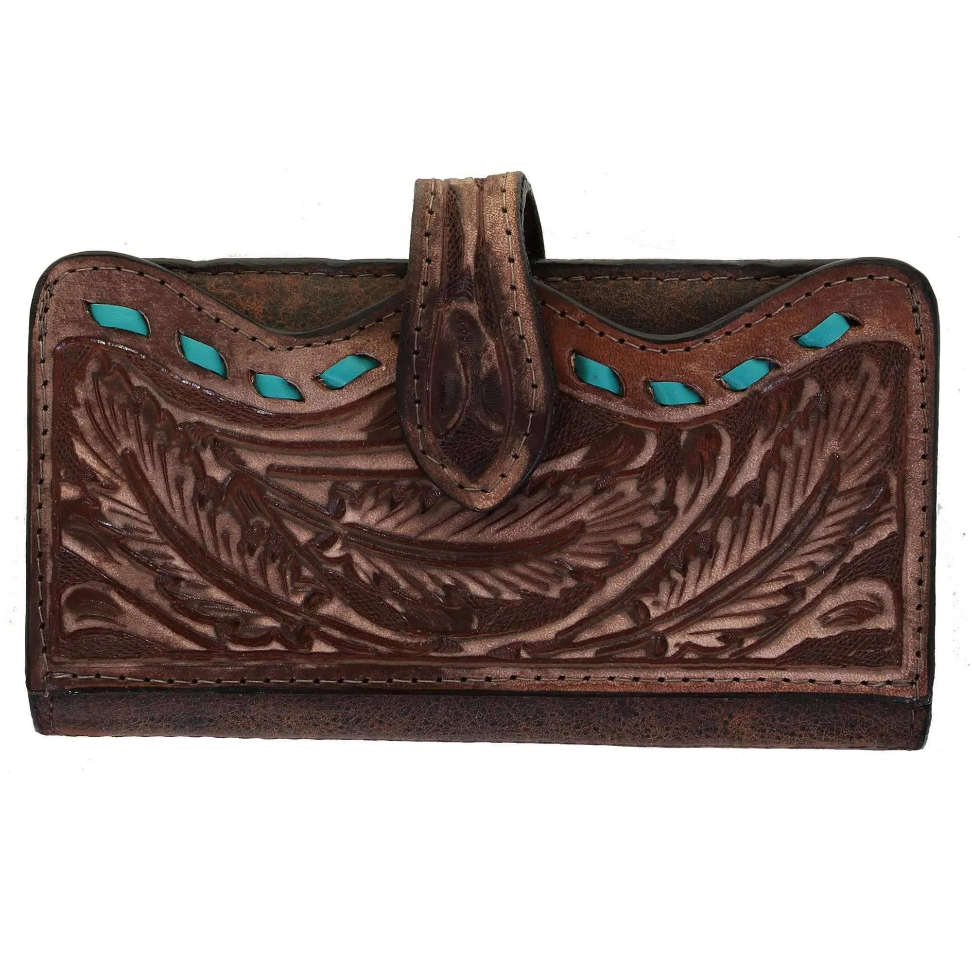 LW225 - Brown Vintage Feather Tooled Ladies Wallet
