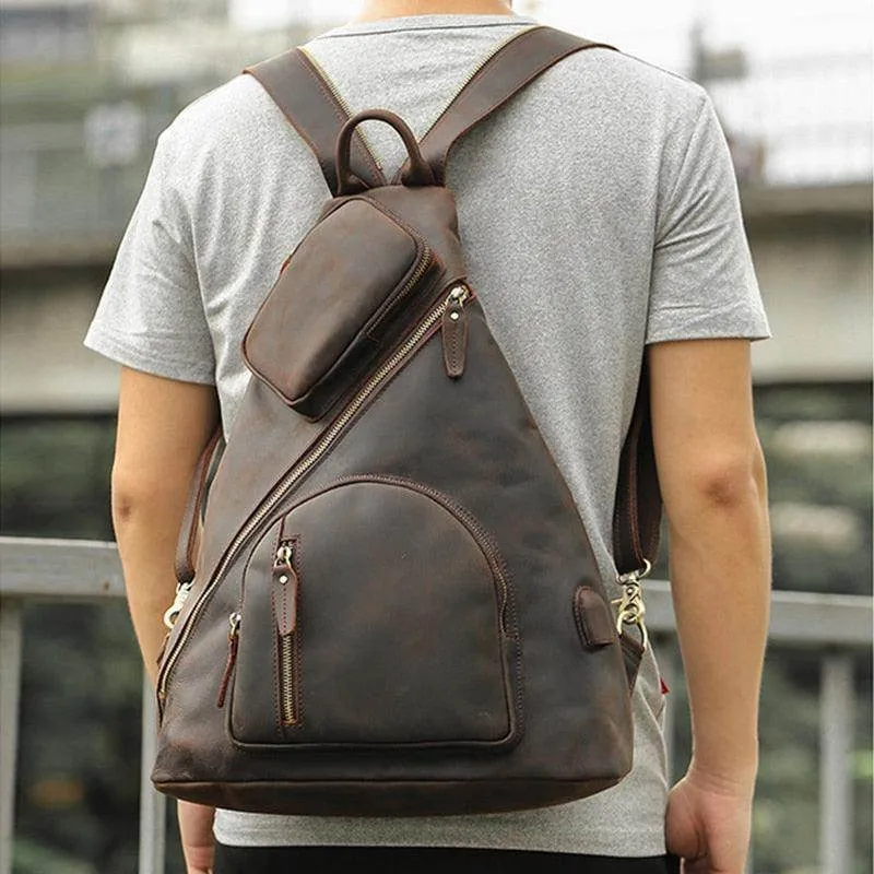 Mens Leather Backpack Shoulder Sling Bag Chest Pack Usb...
