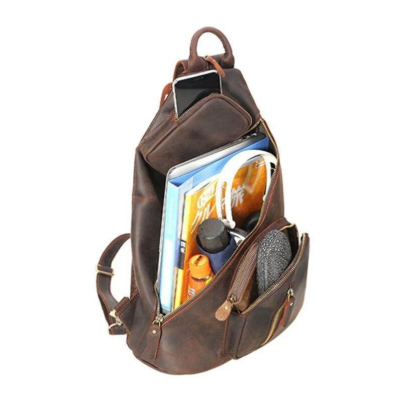 Mens Leather Backpack Shoulder Sling Bag Chest Pack Usb...