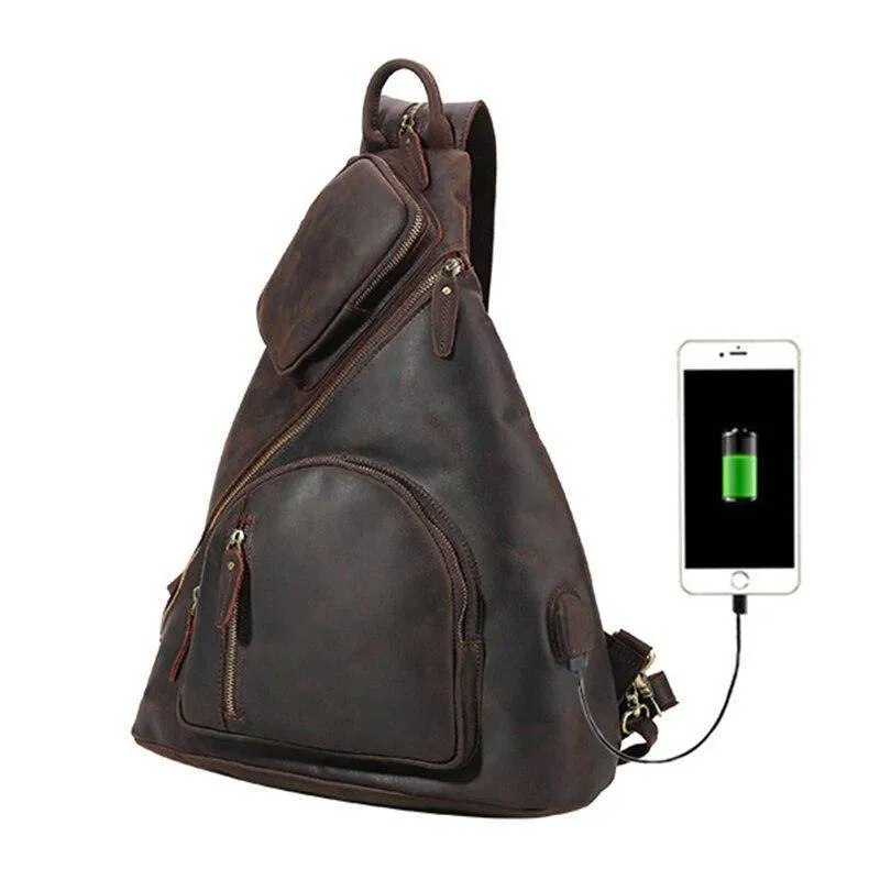 Mens Leather Backpack Shoulder Sling Bag Chest Pack Usb...