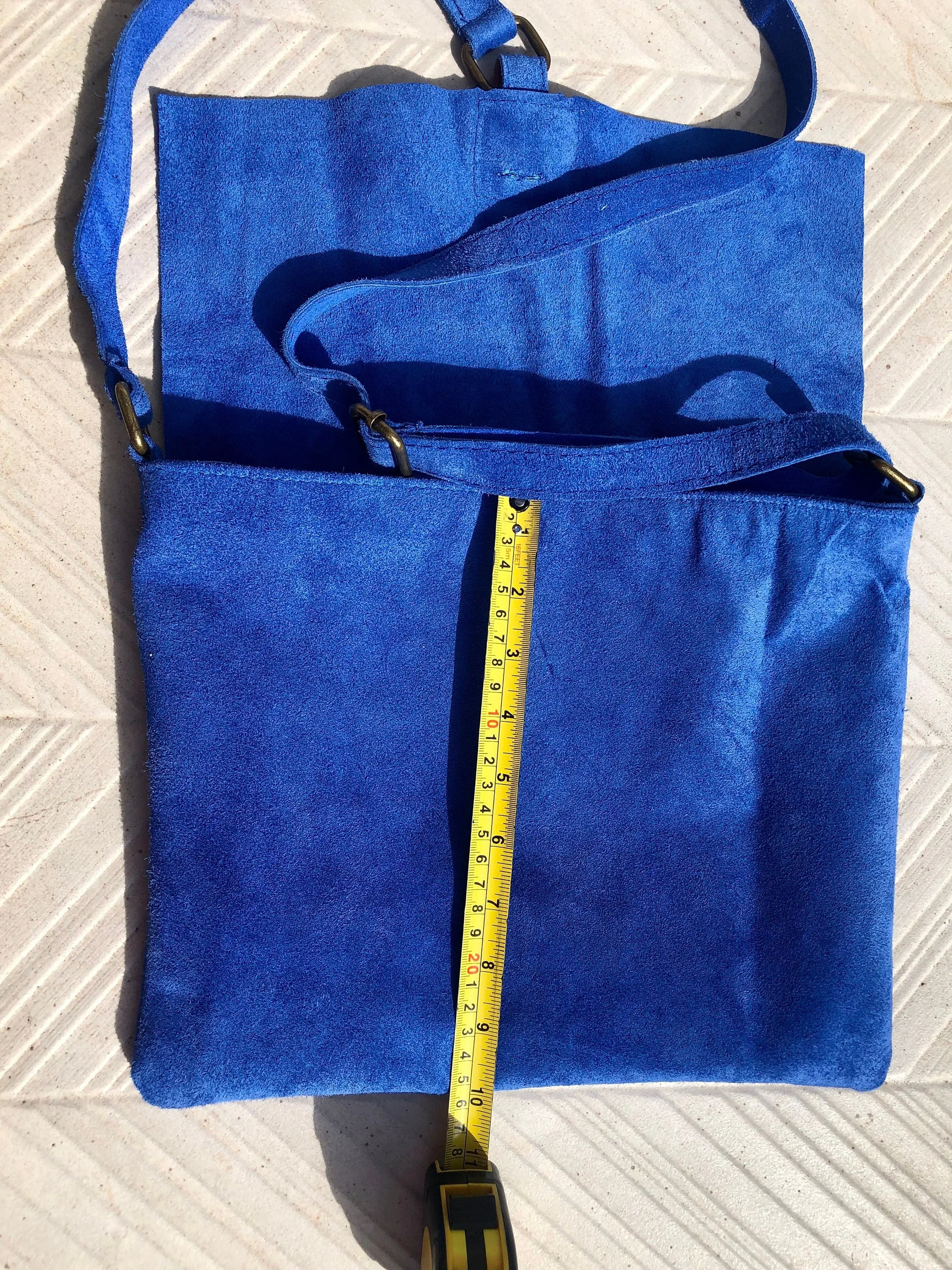 Messenger bag in genuine suede leather. Bright BLUE cross body bag. Boho suede bag with zipper and flap. Tablet or book bag in BLUE