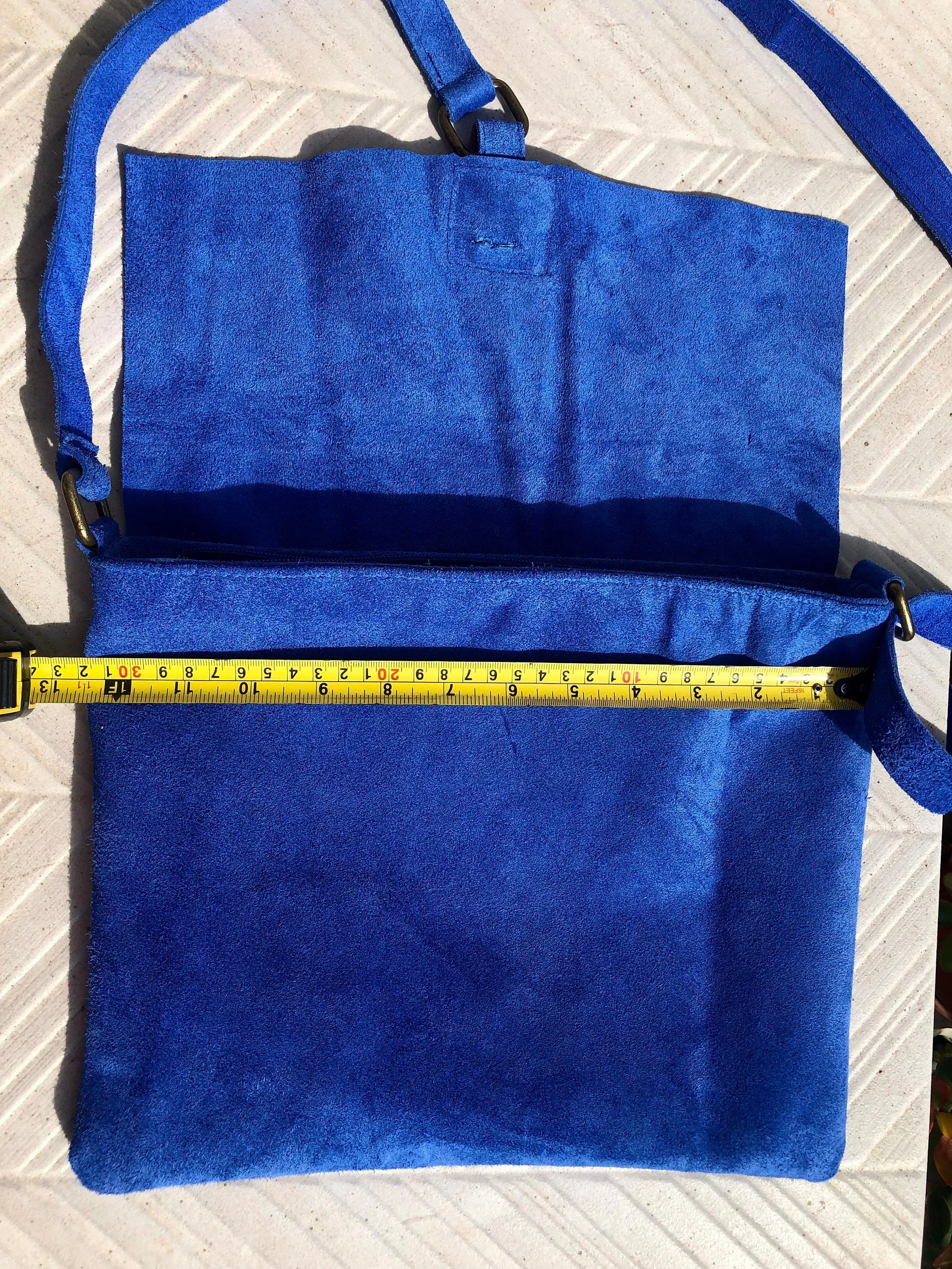 Messenger bag in genuine suede leather. Bright BLUE cross body bag. Boho suede bag with zipper and flap. Tablet or book bag in BLUE