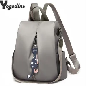 Multi-use Nylon Backpack Solid Color Large Daypack for Female Bagpack with Cat Pendant Women Simple Travel Shoulder Bags Pack