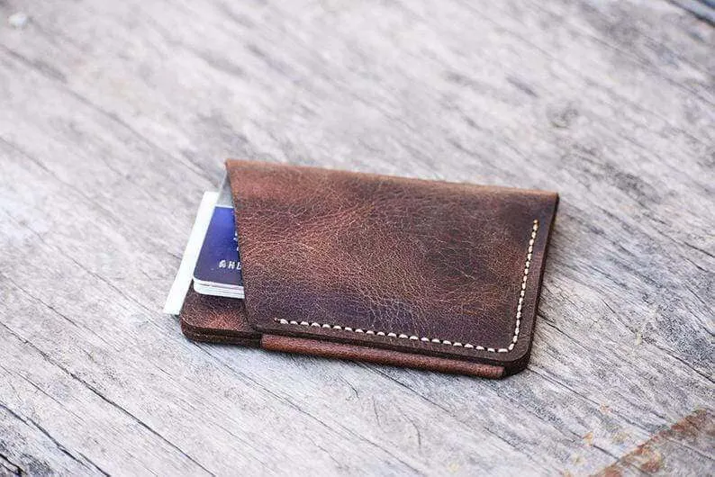 personalize Minimal Hand Stitched Card Holder, LEATHER CARDHOLDER, Groom Gift, Men Wallet, Fathers Day Gift # 2004