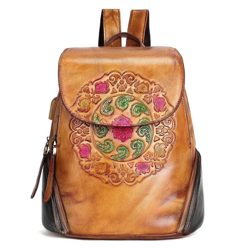 Retro Embossed Floral Backpack For Women Genuine Leather