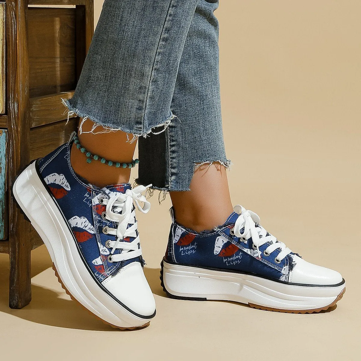 Round Toe Canvas Shoes Low Top Thick Sole Women's Casual Trainers