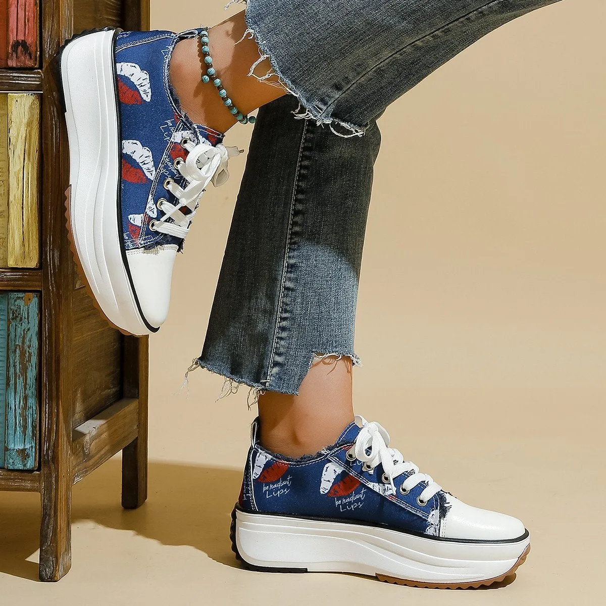 Round Toe Canvas Shoes Low Top Thick Sole Women's Casual Trainers